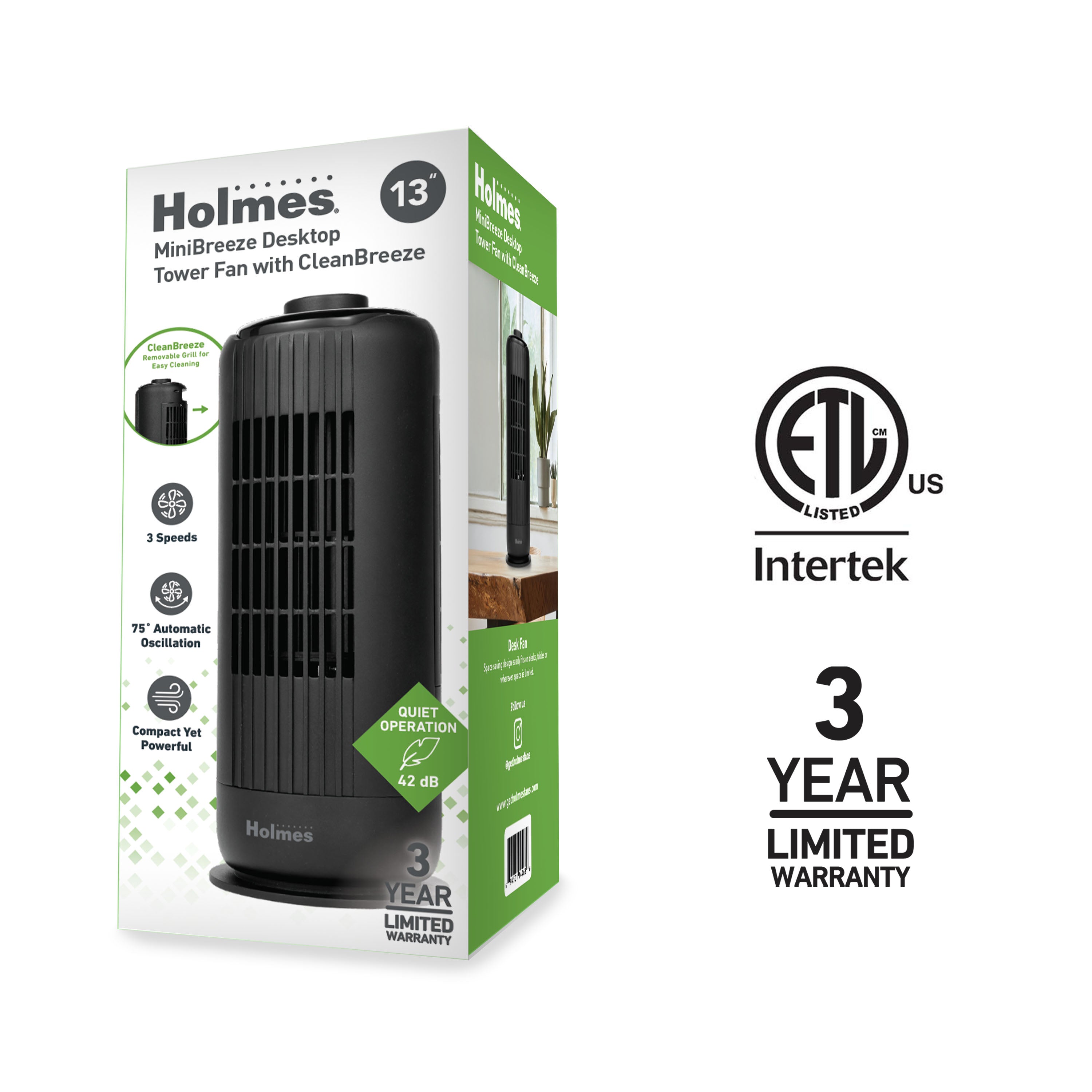 Holmes 13” MiniBreeze Desktop Tower Fan with CleanBreeze Black