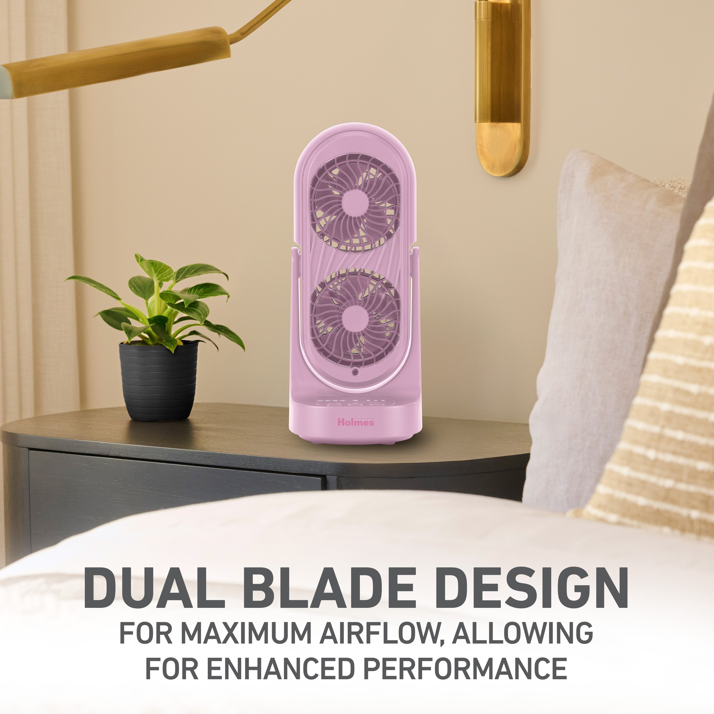 Holmes 13" DuoBreeze Desk Fan, Dual Blade, 3-Speed, Timer, CleanBreeze, Pink