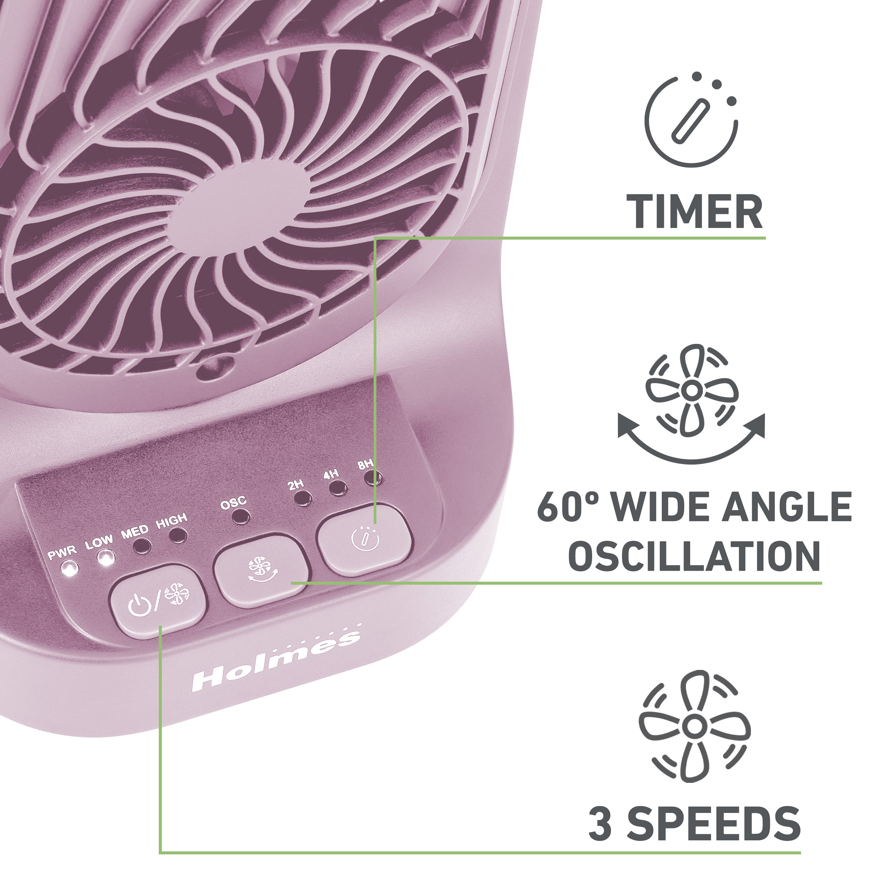 Holmes 13" DuoBreeze Desk Fan, Dual Blade, 3-Speed, Timer, CleanBreeze, Pink