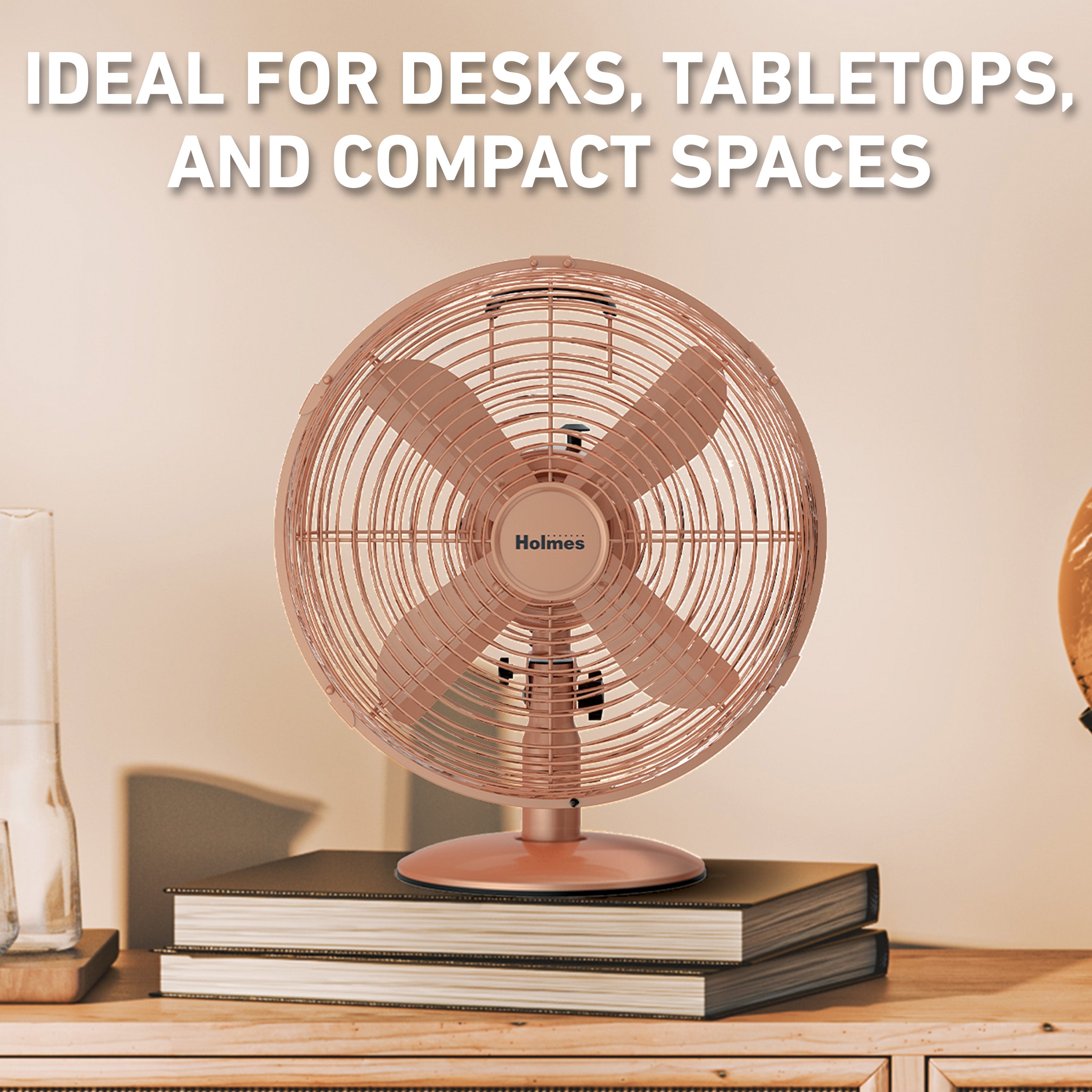 Holmes 12" Vintage Oscillating Metal Table Fan 3 Speed 4 Blades 80° Oscillation Adjustable 25° Tilt Carry Handle Durable Construction for Home or Office