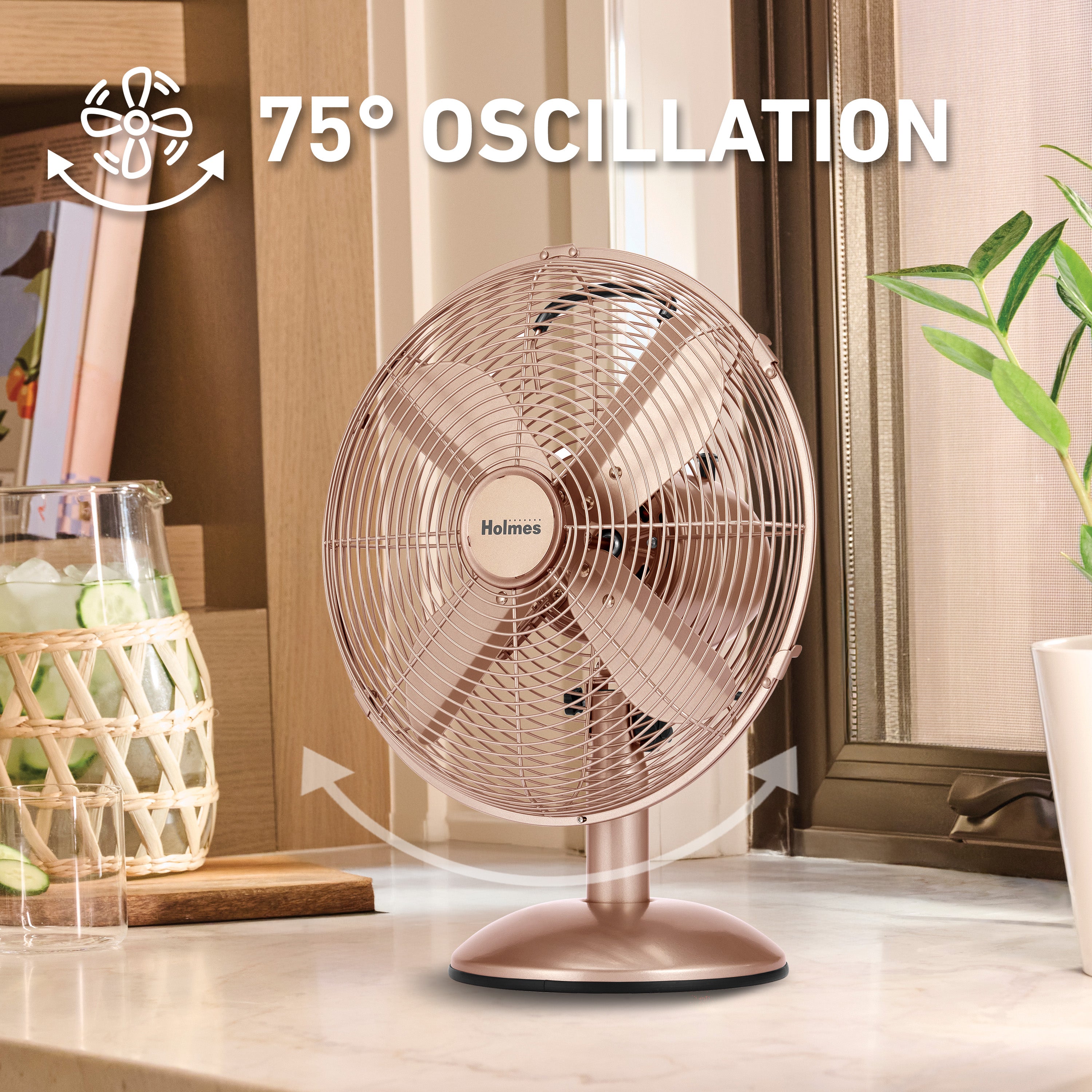 Holmes 12" Vintage Oscillating Metal Table Fan 3 Speed 4 Blades 80° Oscillation Adjustable 25° Tilt Carry Handle Durable Construction for Home or Office