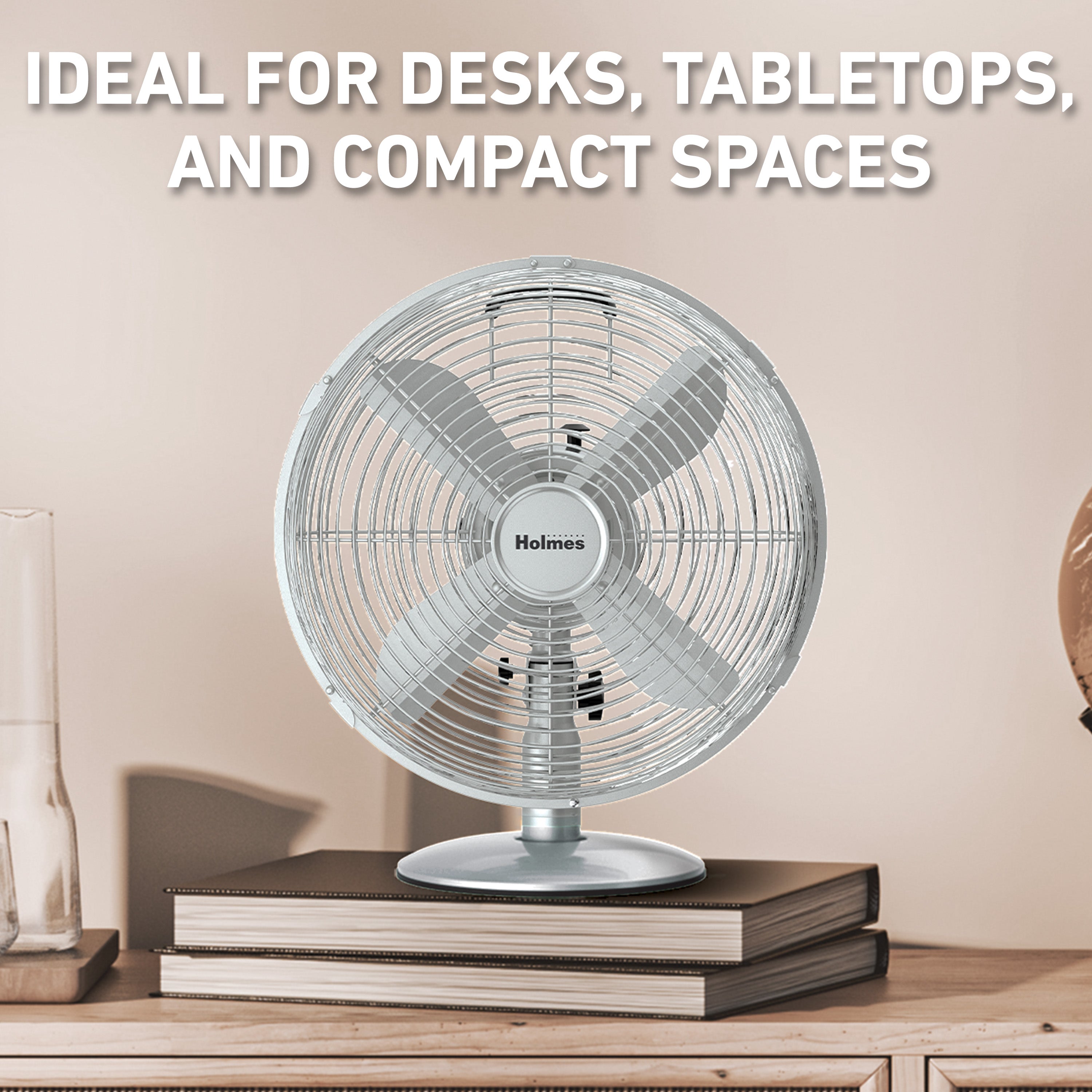 Holmes 12" Vintage Oscillating Metal Table Fan 3 Speed 4 Blades 80° Oscillation Adjustable 25° Tilt Carry Handle Durable Construction for Home or Office