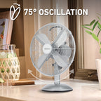 Holmes 12" Vintage Oscillating Metal Table Fan 3 Speed 4 Blades 80° Oscillation Adjustable 25° Tilt Carry Handle Durable Construction for Home or Office