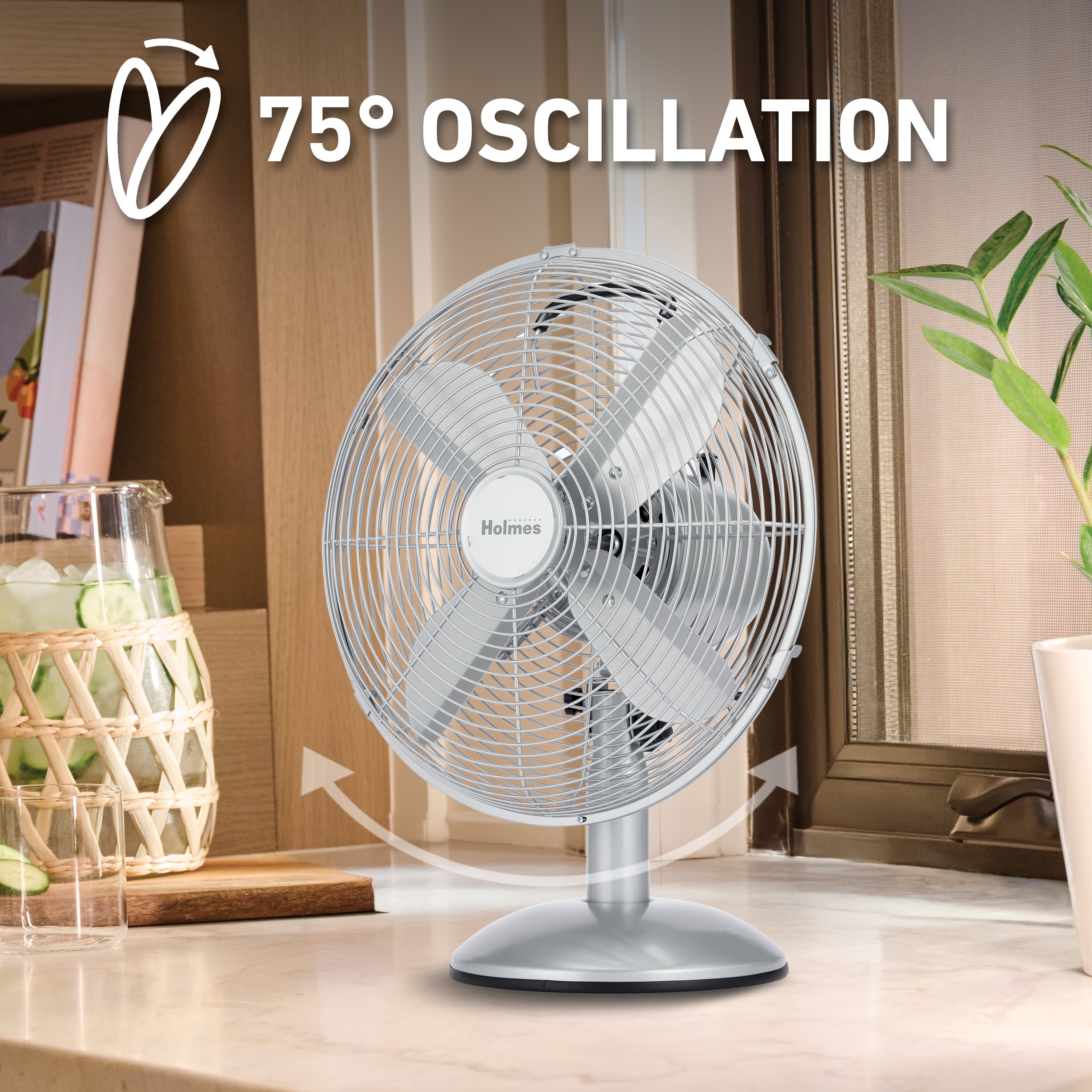 Holmes 12" Vintage Oscillating Metal Table Fan 3 Speed 4 Blades 80° Oscillation Adjustable 25° Tilt Carry Handle Durable Construction for Home or Office