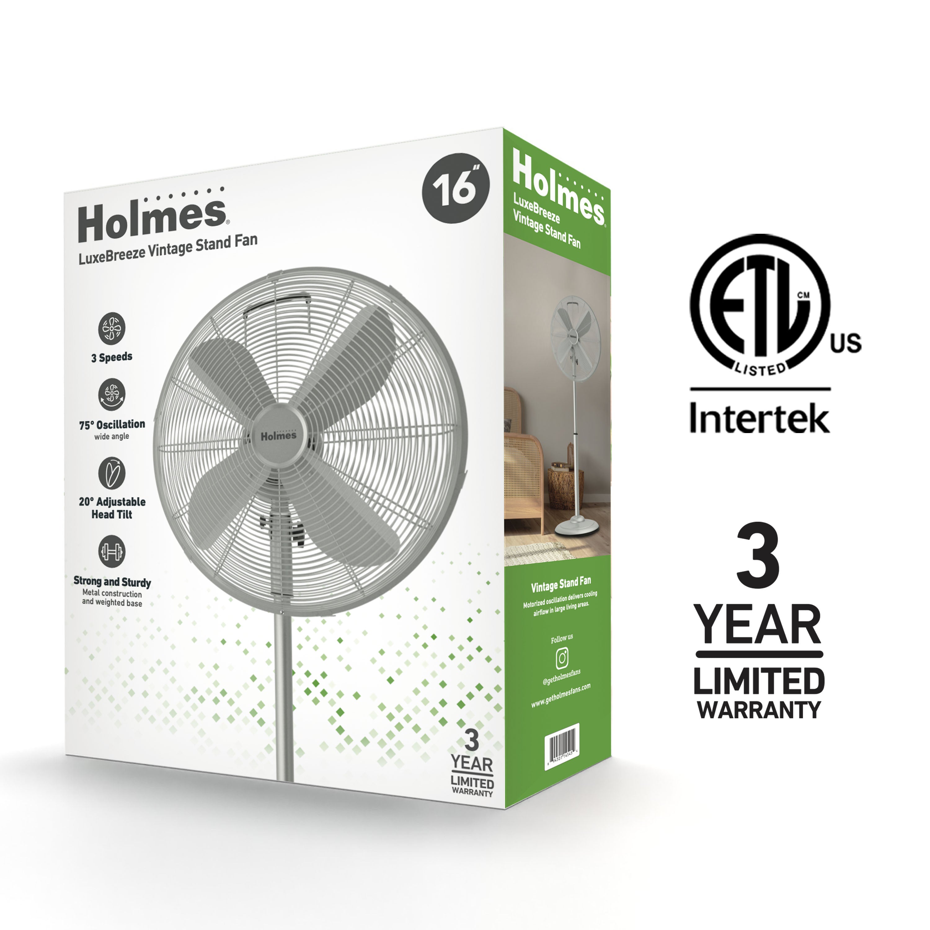 Holmes 16 Inch Oscillating Stand Fan 3 Speed Tilt Head Pedestal