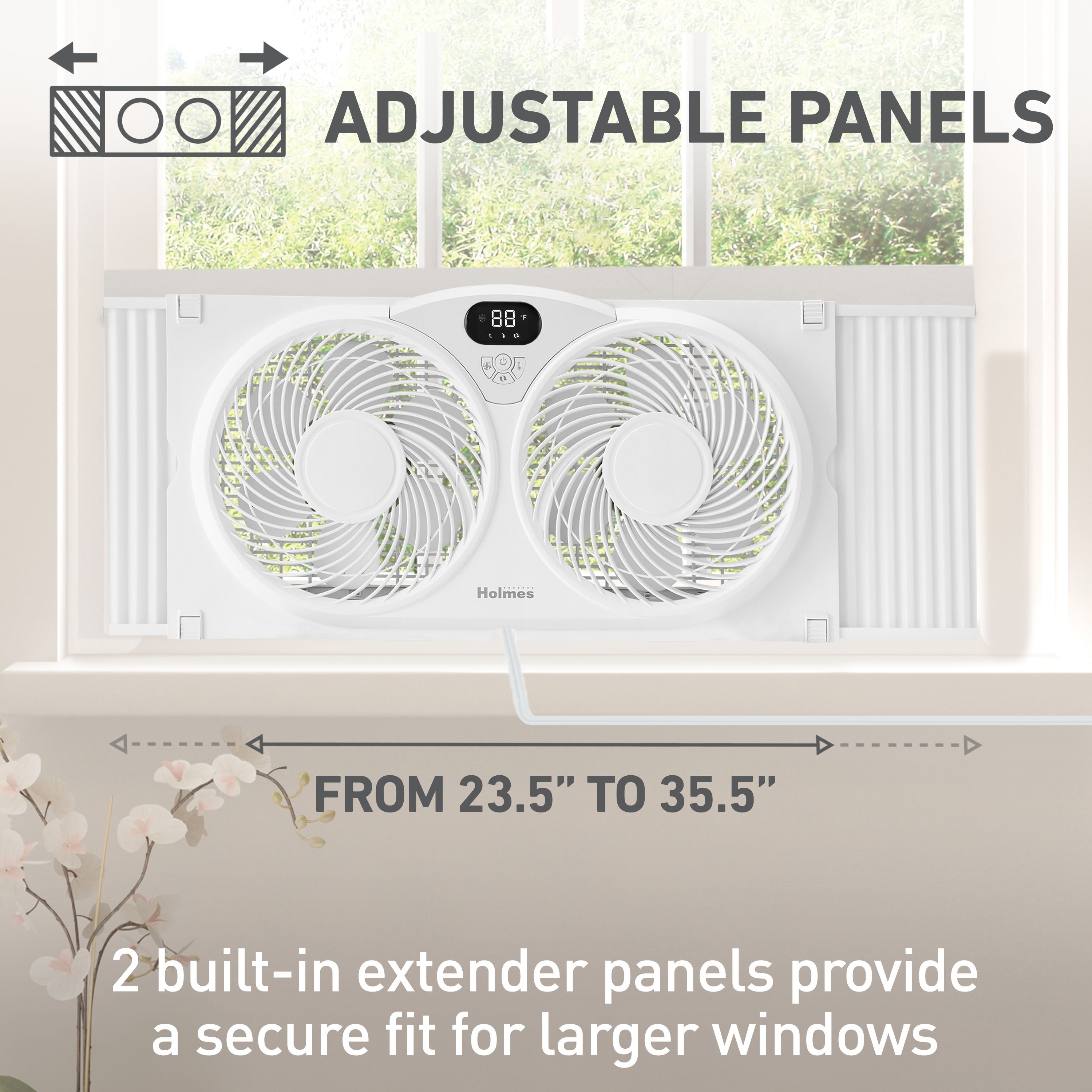 Holmes 9 Inch Digital Window Fan 3 Speed Thermostat Remote Reversible Twin Blades White