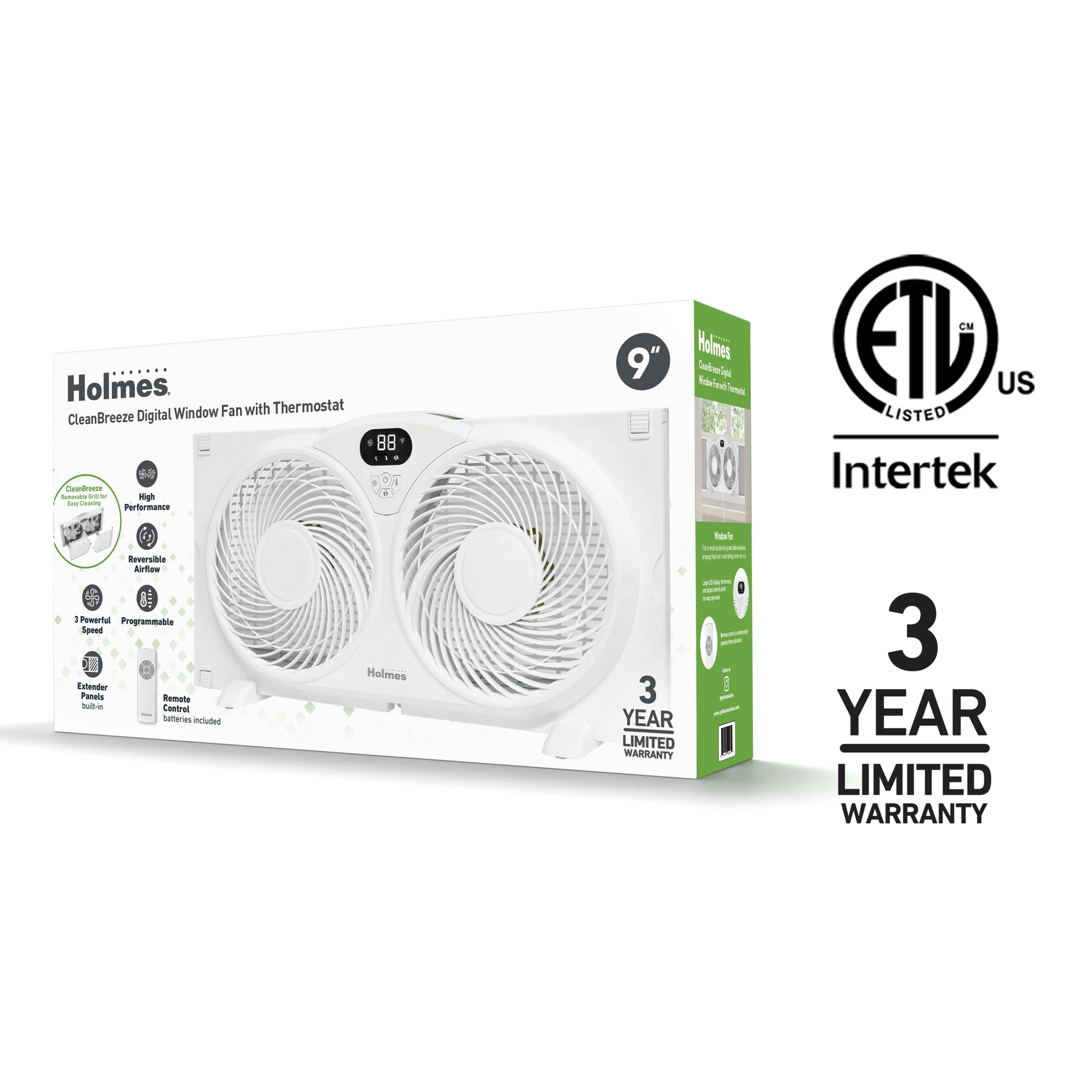 Holmes 9 Inch Digital Window Fan 3 Speed Thermostat Remote Reversible Twin Blades White