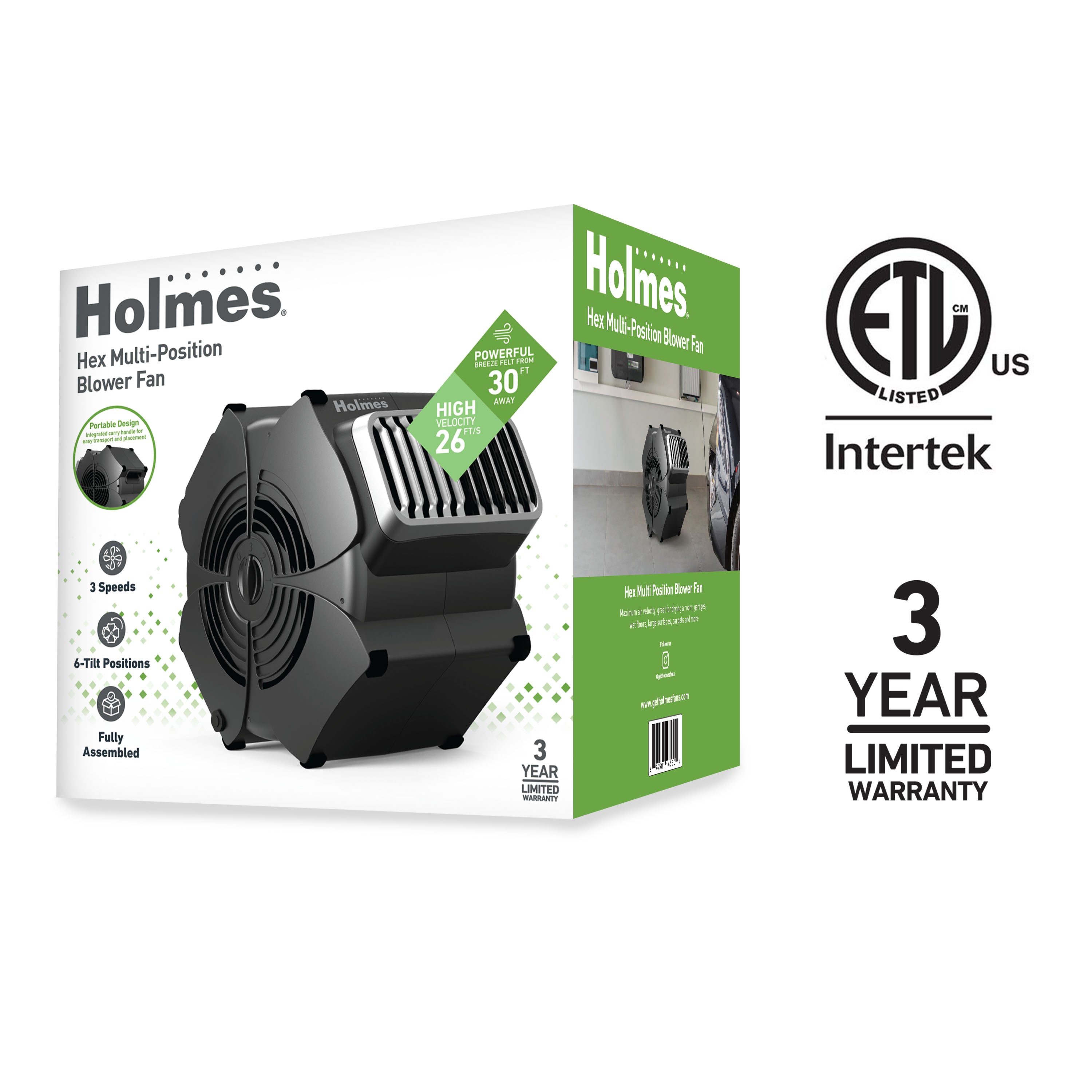 Holmes Hex MultiPosition Blower Fan High Velocity Utility Floor Air Mover with AC Outlets Black