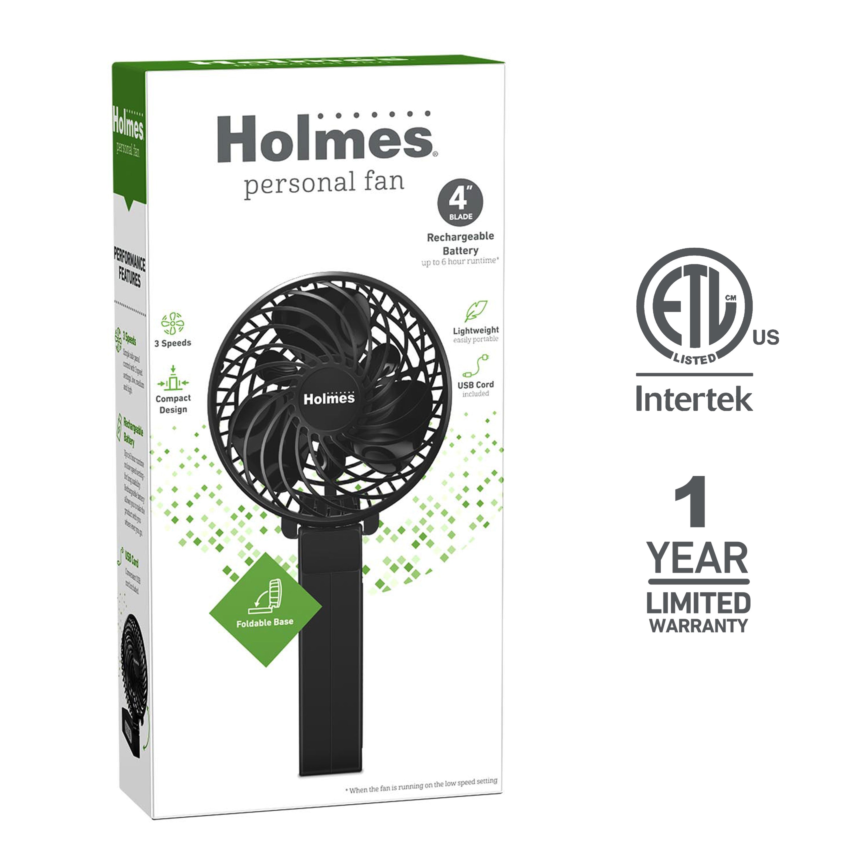 Holmes 4" Rechargeable Handheld Fan, 3-Speed, USB-C, Adjustable Tilt, Purple/Black