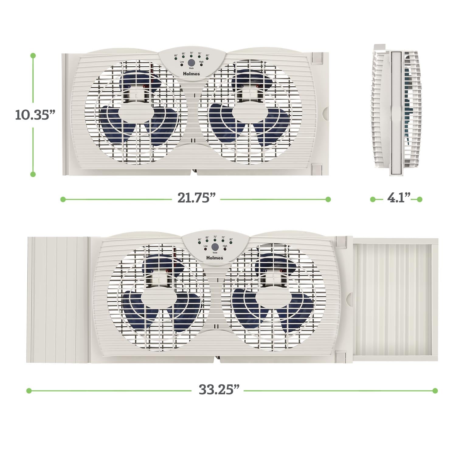 Holmes Dual Blade Digital Window Fan with Programmable Thermostat Control, Dual 3 Blade Fans, 2 Speeds, Expandable Side Panel with Additional Extender Panels, White