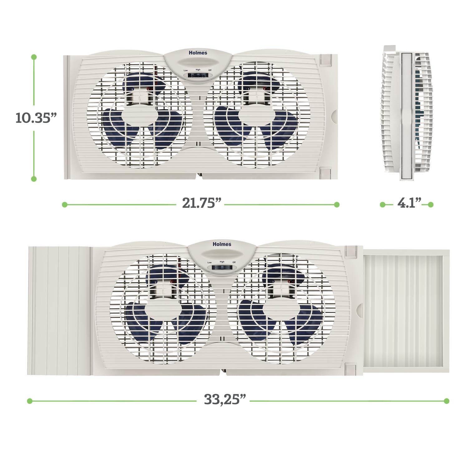 Holmes Dual Blade Manual Window Fan with Double Sided Speed Control, Dual 3 Blade Fans, Manual Reversible Intake and Exhaust, Expandable Side Panel with Additional Extender Panels, White