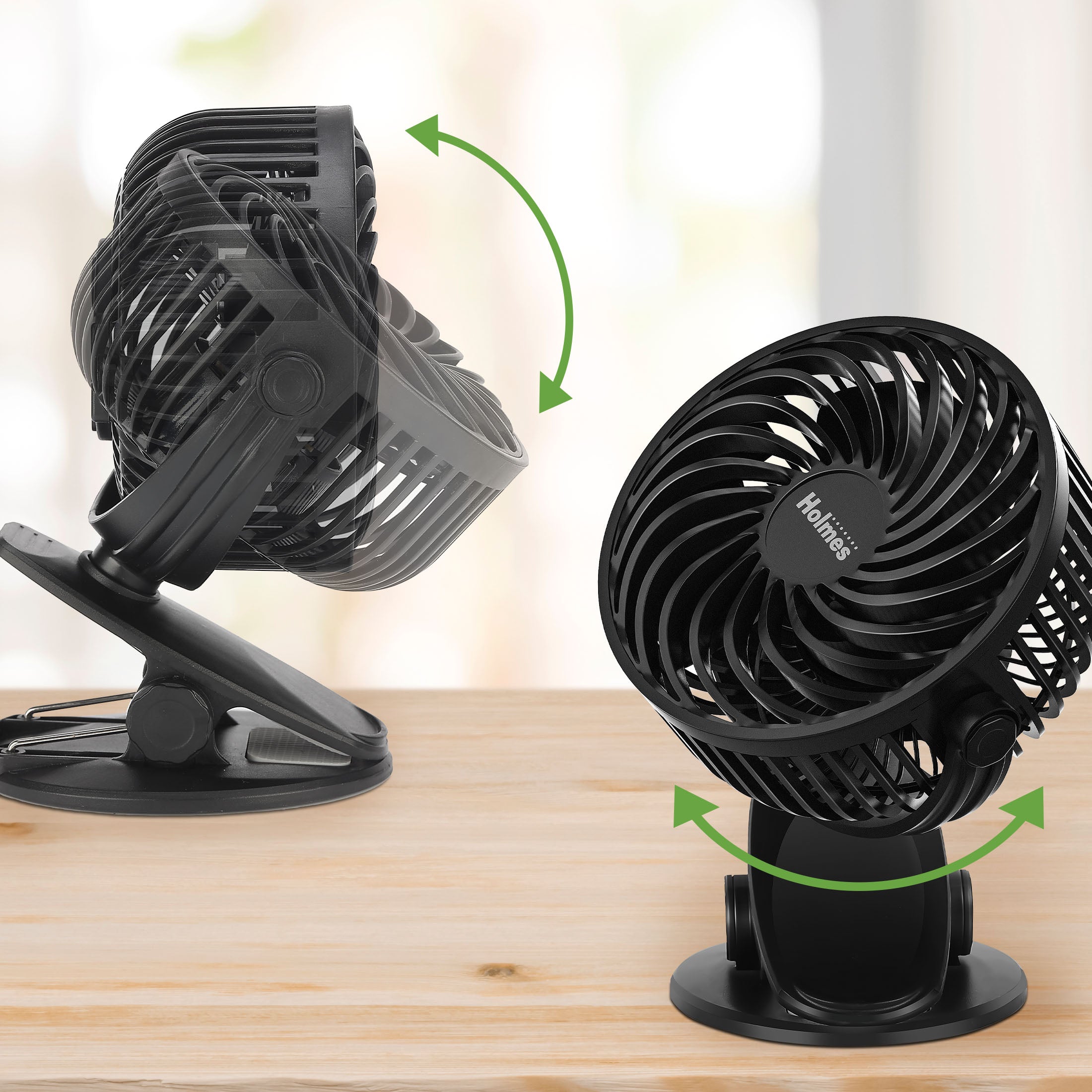 Holmes 4” Rechargeable Clip Fan, 360° Tilt, Strong Airflow, USB, Long Battery, Black