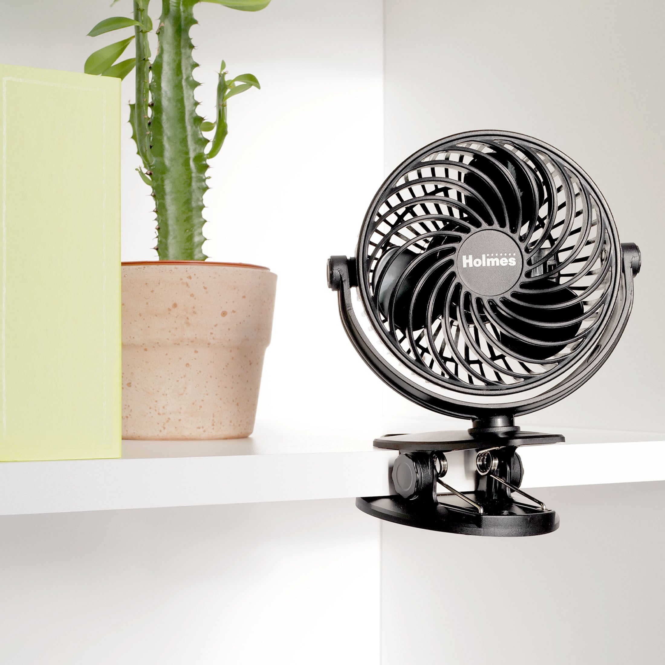 Holmes 4” Rechargeable Clip Fan, 360° Tilt, Strong Airflow, USB, Long Battery, Black
