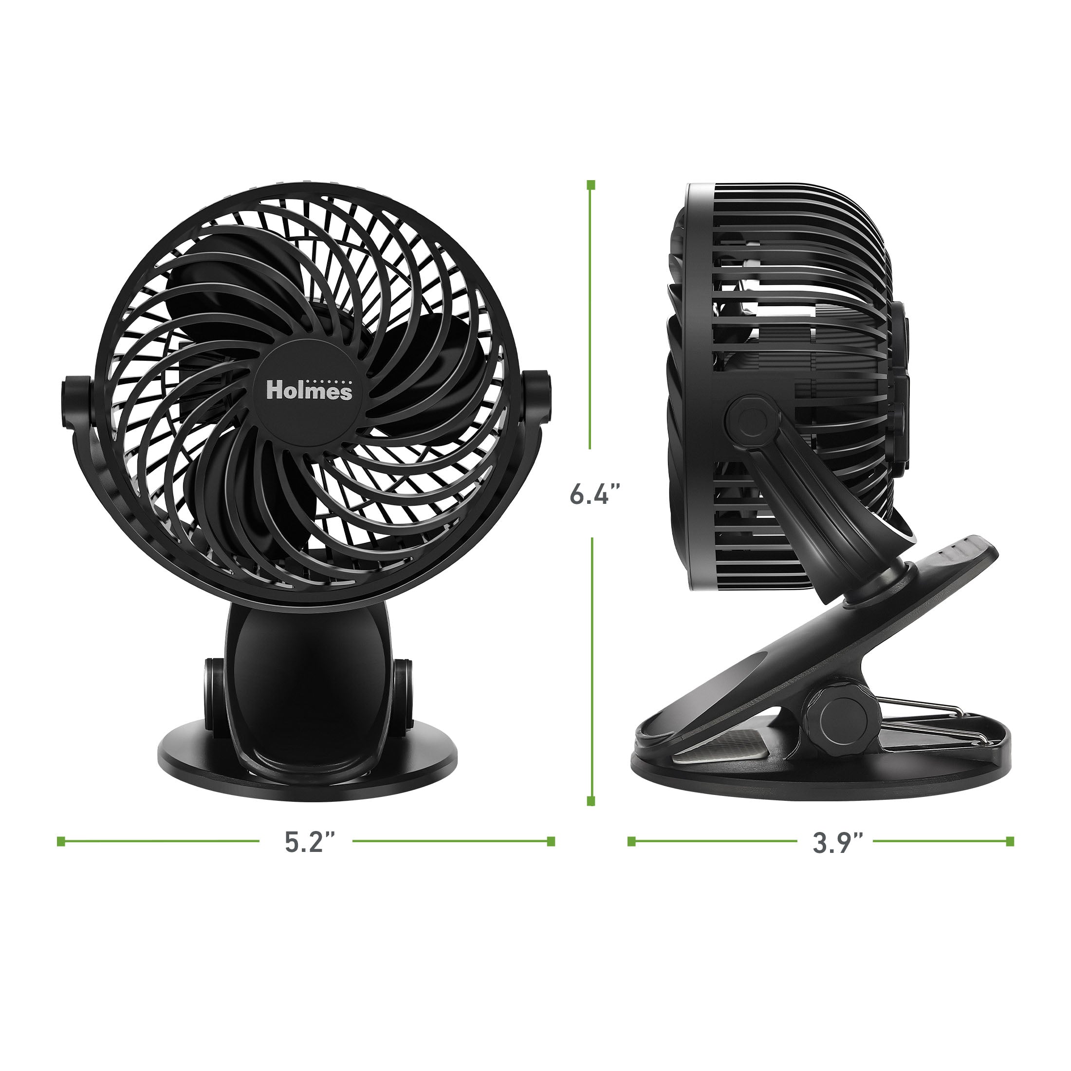 Holmes 4” Rechargeable Clip Fan, 360° Tilt, Strong Airflow, USB, Long Battery, Black