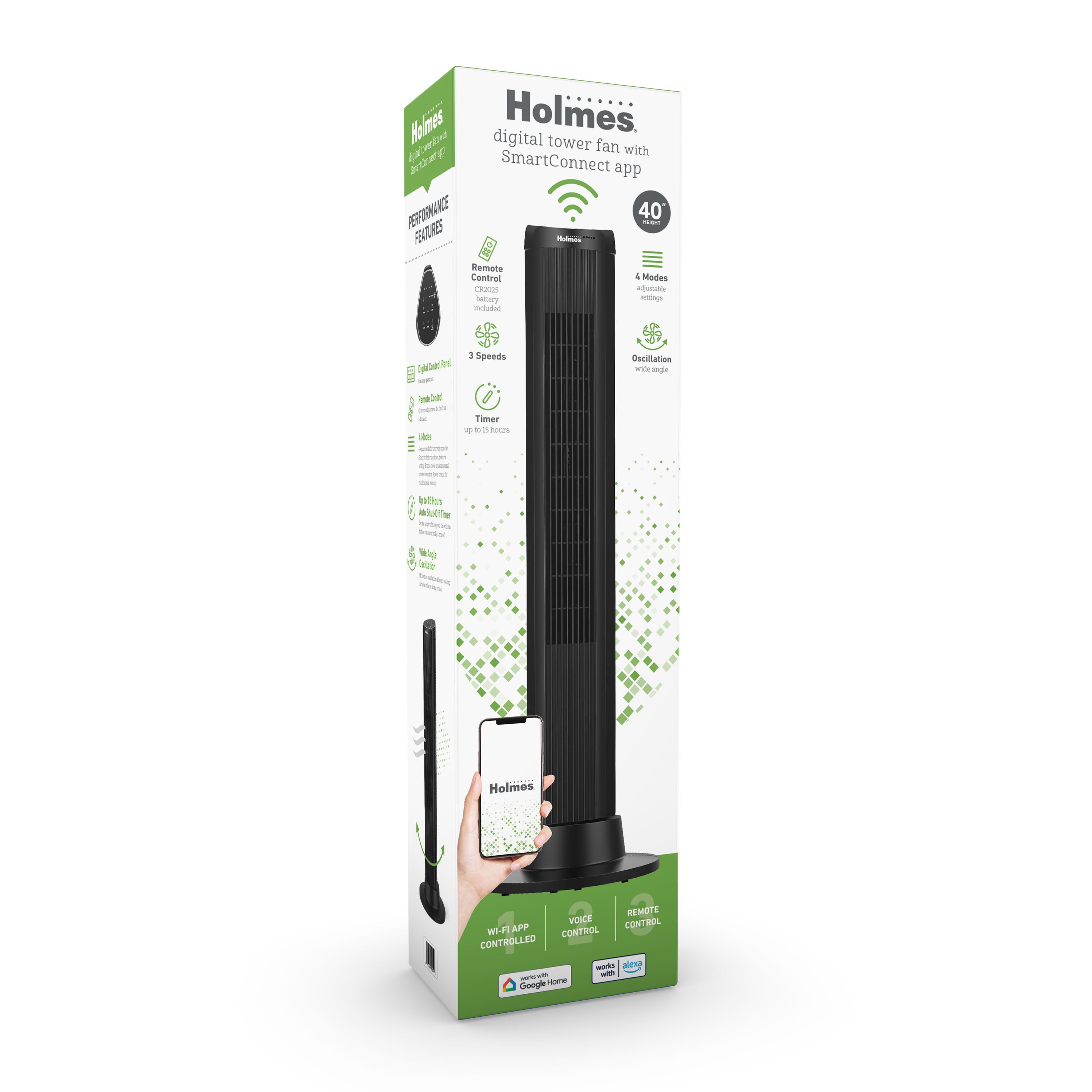 Holmes 40" Wi-Fi Smart Connect Digital Oscillating 3 Speed Tower Fan with Remote Control Black