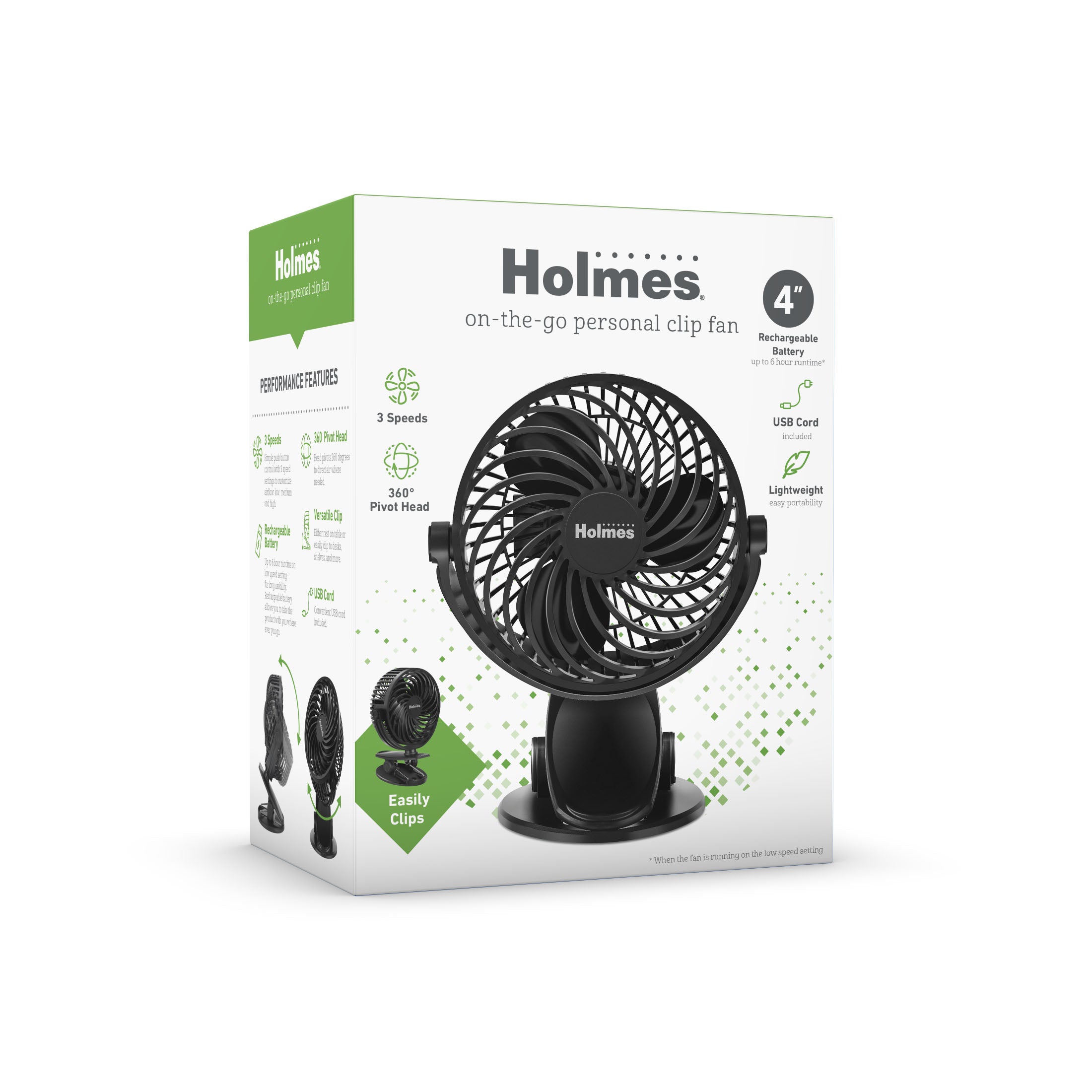 Holmes 4” Rechargeable Clip Fan, 360° Tilt, Strong Airflow, USB, Long Battery, Black